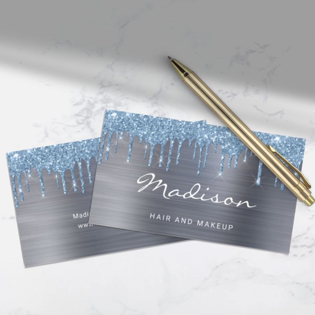 Eleganter blauer Glitzer Tropfen Haar und Schminke Visitenkarte (Elegant Blue Glitter Drip Hair And Makeup Business Card)