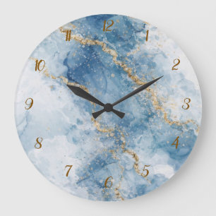 Eleganter blauer Gold-Glitter-Abstrakt-Flow Große Wanduhr