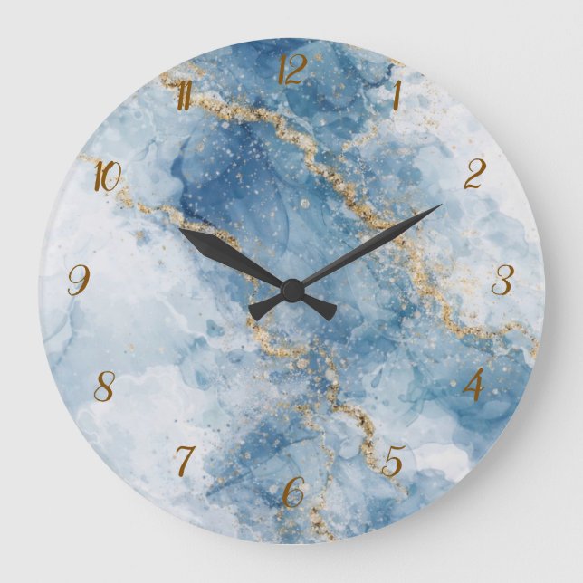 Eleganter blauer Gold-Glitter-Abstrakt-Flow        Große Wanduhr (Vorderseite)