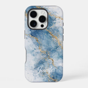 Eleganter blauer Gold-Glitter-Abstrakt-Flow iPhone 16 Pro Hülle