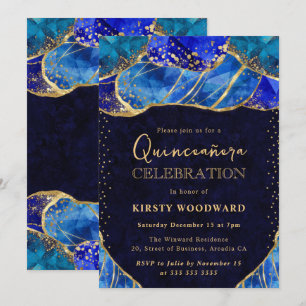 Eleganter blauer Goldkristallstein Quinceanera Einladung