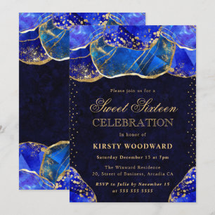 Eleganter blauer Goldkristallstein Sweet 16 Einladung