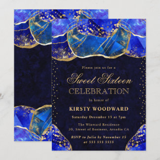 Eleganter blauer Goldkristallstein Sweet 16 Einladung
