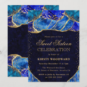 Eleganter blauer Goldkristallstein Sweet 16 Einladung