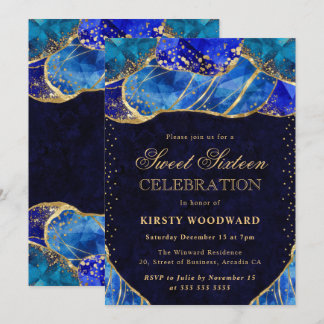 Eleganter blauer Goldkristallstein Sweet 16 Einladung