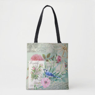 Eleganter blauer Jay-Vogel-Vintages rosa Blumen-