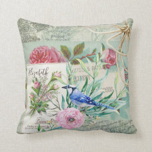 Eleganter blauer Jay-Vogel-Vintages rosa Blumen- Kissen