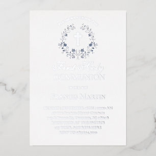 eleganter blauer Kranz Erstkommunion Folieneinladung