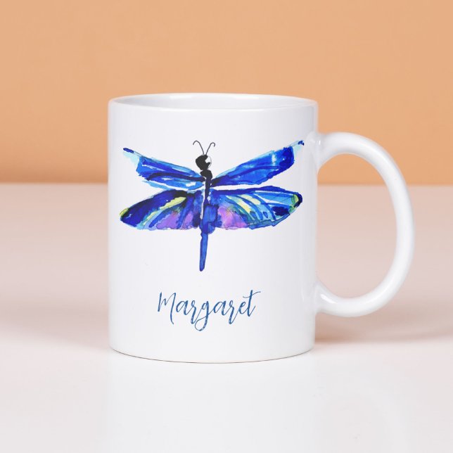 Eleganter Blauer Libelle Handgemalte Wasserfarbe Kaffeetasse (This original art dragonfly has wings richly colored in indigo, teal, magenta and gold.)