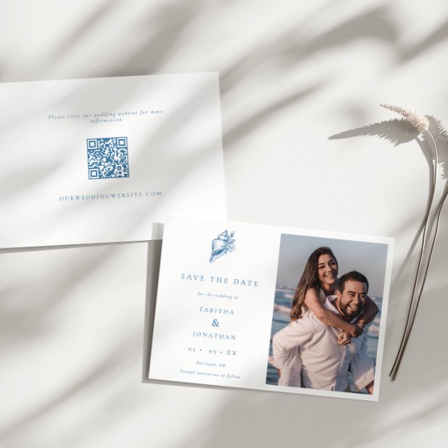 Eleganter blauer Muschel-QR-Code Foto Küstenhochze Save The Date (Von Creator hochgeladen)