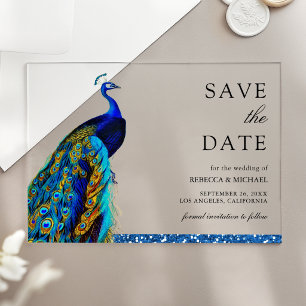 Eleganter blauer Pfau indische Hochzeit Termin vor Acryleinladungen