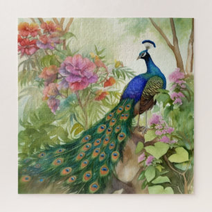 Eleganter Blauer Pfau Rosa Blume Wald Puzzle