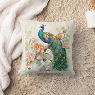 Eleganter blauer Pfau rosa Blumen Creme Kissen