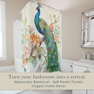 Eleganter blauer Pfau rosa Blumen Duschvorhang