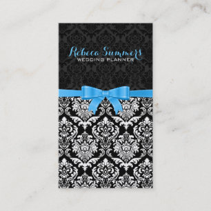Eleganter blauer Ribbon Black & White Damasks 2b Visitenkarte