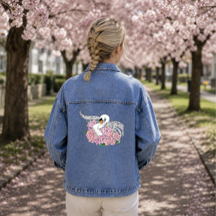 Eleganter blauer romantischer Schwan-Pfingstrosen- Jeansjacke