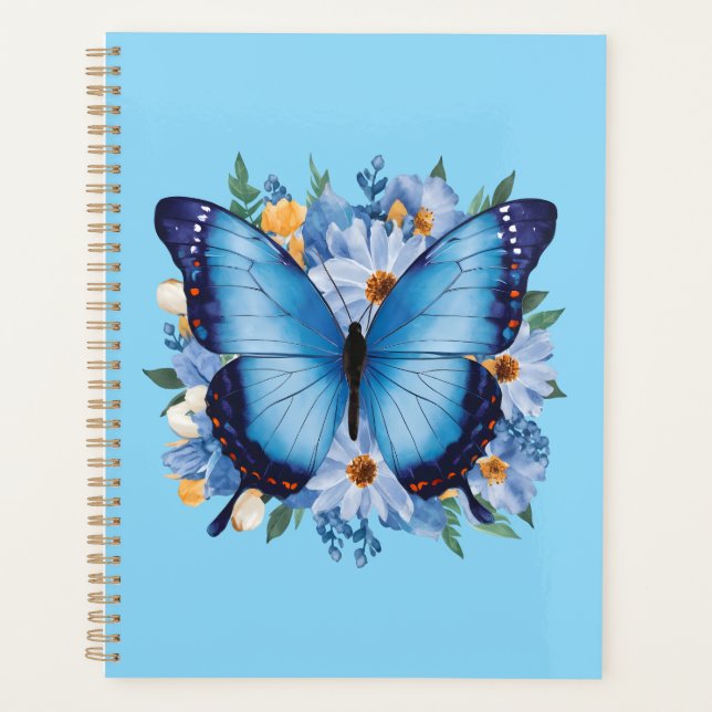 Eleganter blauer Schmetterling auf Blumen Planer (Vorderseite)