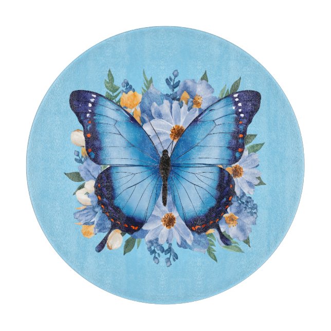 Eleganter blauer Schmetterling auf Blumen Schneidebrett (Vorderseite)