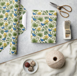 Eleganter blauer Schmetterlings-Botanik-Wrap Geschenkpapier