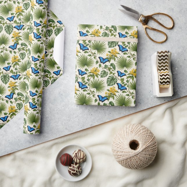 Eleganter blauer Schmetterlings-Botanik-Wrap Geschenkpapier (Kunsthandwerk)