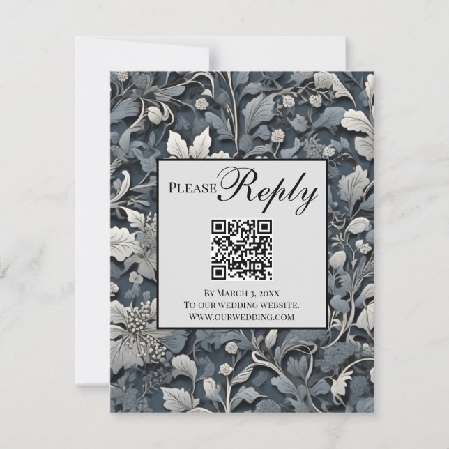 Eleganter, blauer Silbergrauer QR-Code RSVP Karte (Vorderseite)