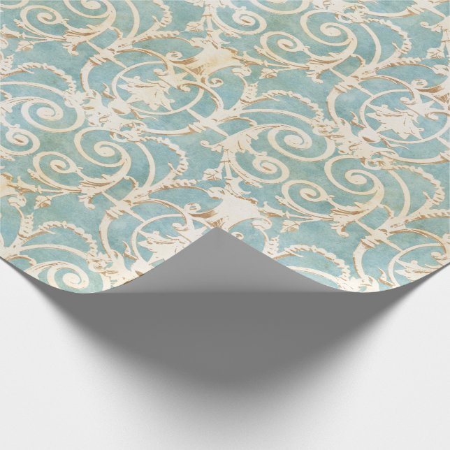 Eleganter blauer und beige Damast Geschenkpapier (Ecke)