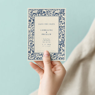 Eleganter blauer und cremefarbener Blumen-Vintage- Save The Date