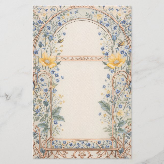 Eleganter blauer und gelber Blumenbogen Briefpapier (Vorderseite)