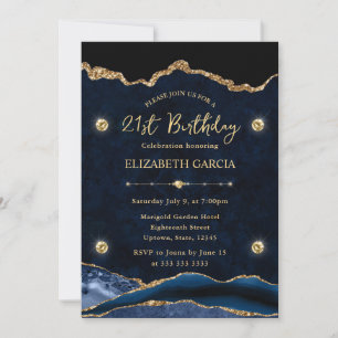 Eleganter blauer und goldener Glitter-Achat zum 21 Einladung