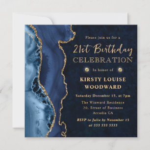 Eleganter blauer und goldener Glitter-Achat zum 21 Einladung
