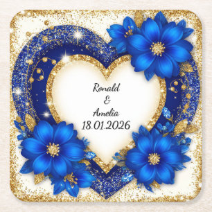 Eleganter blauer und goldener Herzrahmen Rechteckiger Pappuntersetzer