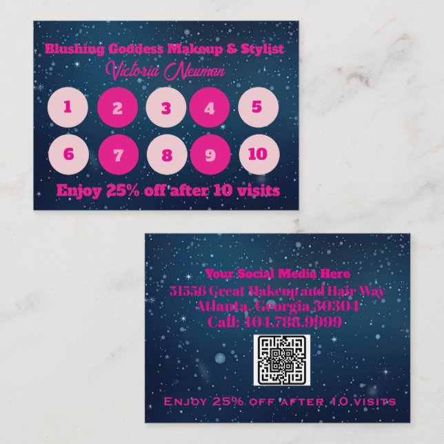 Eleganter blauer und rosa Business-QR-Code Treuekarte (Vorne/Hinten)