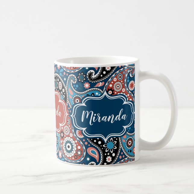 Eleganter Blauer und Roter Paisley Print Custom Te Kaffeetasse (Rechts)