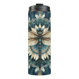 Eleganter Blauer und Weiße Libelle Mandala Thermosbecher