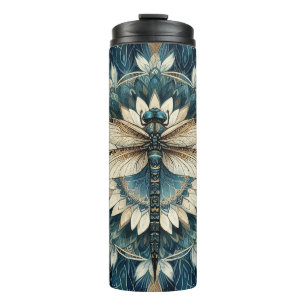 Eleganter Blauer und Weiße Libelle Mandala Thermosbecher