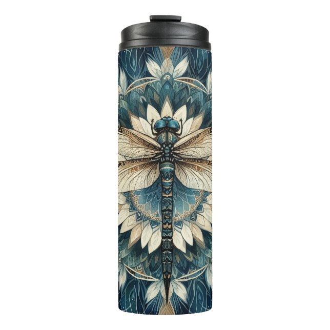 Eleganter Blauer und Weiße Libelle Mandala Thermosbecher (Vorderseite)