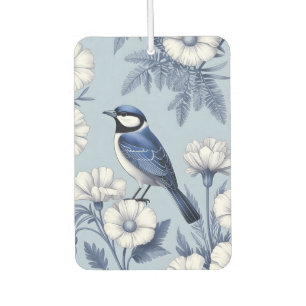 Eleganter blauer Vogel und weißes Blumenmuster Autolufterfrischer