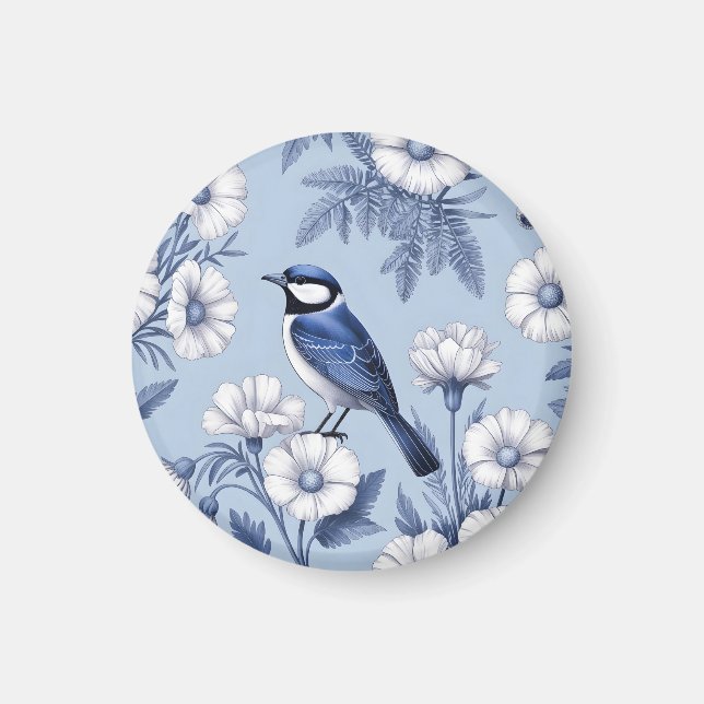 Eleganter blauer Vogel und weißes Blumenmuster Magnet (Vorne)