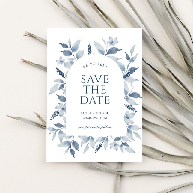Eleganter, blauer Wasserfarbenfroh Arch Save The Date (Von Creator hochgeladen)