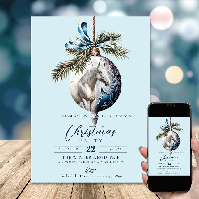 Eleganter, blauer Weihnachtspferd Einladung (Elegant blue Christmas white horse equestrian Invitation)