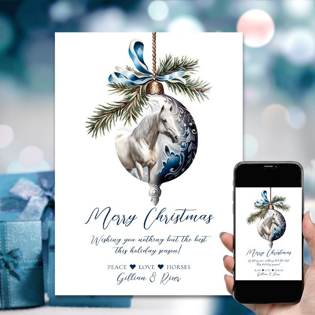 Eleganter, blauer Weihnachtspferd Feiertagskarte (Elegant blue Christmas white horse equestrian Holiday Card)
