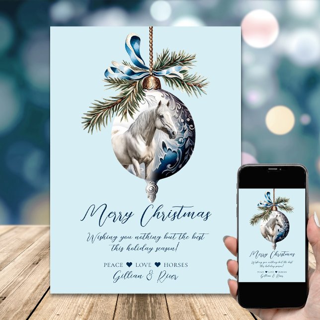 Eleganter, blauer Weihnachtspferd Feiertagskarte (Elegant blue Christmas white horse equestrian Holiday Card)