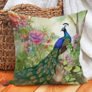 Eleganter Blaugrüner Pfau Rosa Blumen Wald Kissen