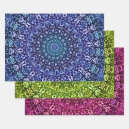 Eleganter blaugrüner und Lila BlumenDamast Geschenkpapier Set