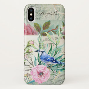 Eleganter Blauhäher-Vogel Vintage-Rosa-Blumenmuste Case-Mate iPhone Hülle