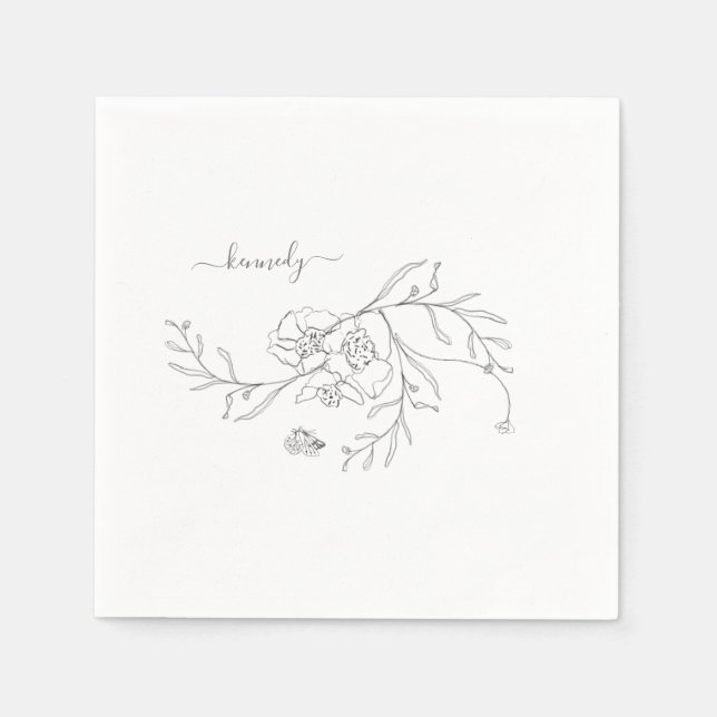 Eleganter Bleistift Foliage Bloral Custom Cocktail Serviette (Vorderseite)