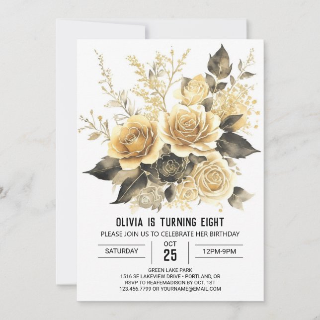 Eleganter Bloom Gold und Black Birthday Einladung (Vorderseite)