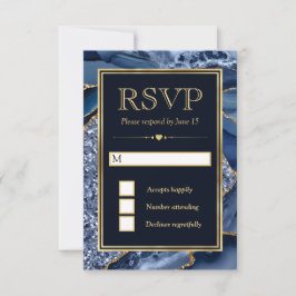 Eleganter Blue and Gold Glitzer Agate Wedding RSVP Karte