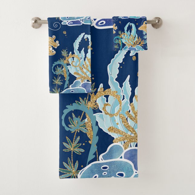 Eleganter Blue Aqua Türkis Gold Glitzer Badhandtuch Set (Insitu)