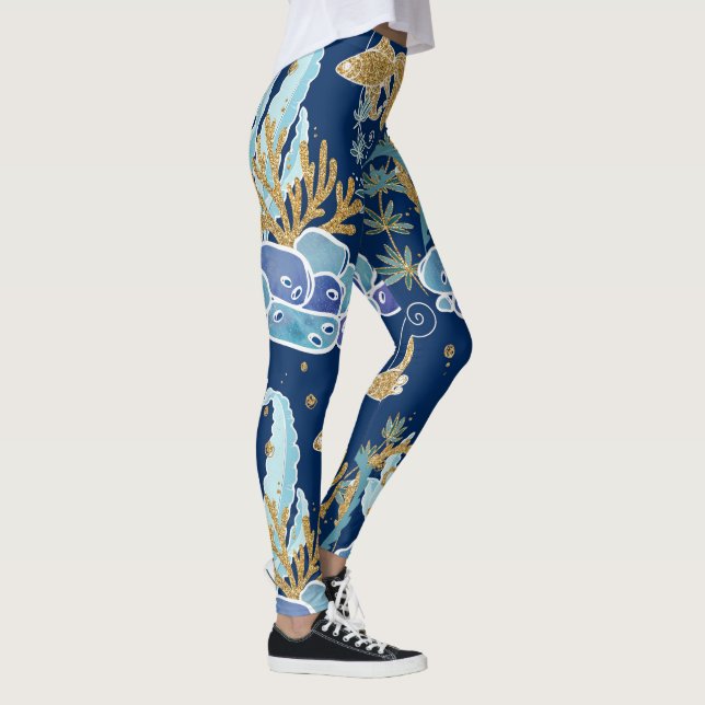 Eleganter Blue Aqua Türkis Gold Glitzer Leggings (Rechts)